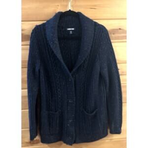 Lands End Women Cardigan Navy Sz M Shawl Collar Academia Preppy Wool Blend